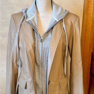 Evereve Tan and Gray Blazer with Layered Hoodie Style